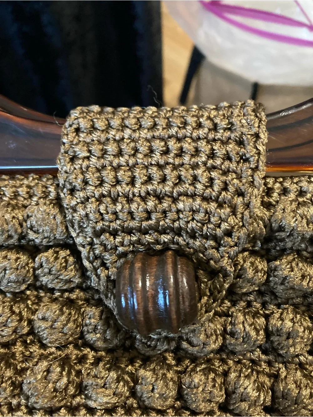 Classic Boho Purse Brown Hand Bag Retro Crochet Handmade Brown Lucite Handles